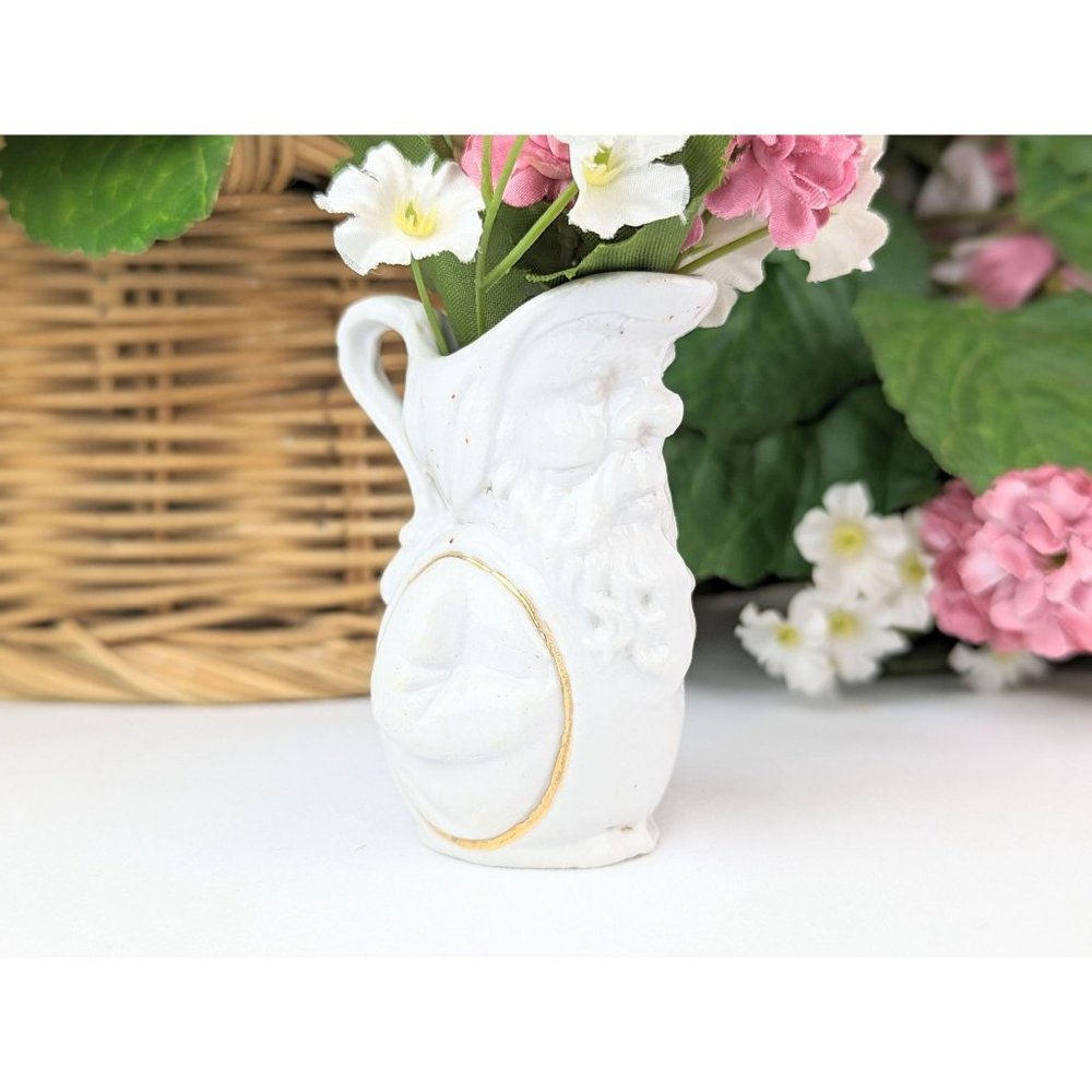 Antique White Miniature Porcelain Pitcher Old Man Face Mini Bud Vase Gold Trim